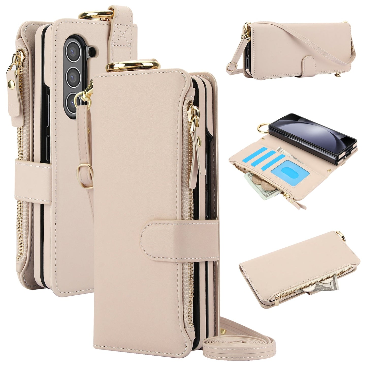 White Crossbody Ring Wallet Leather Case