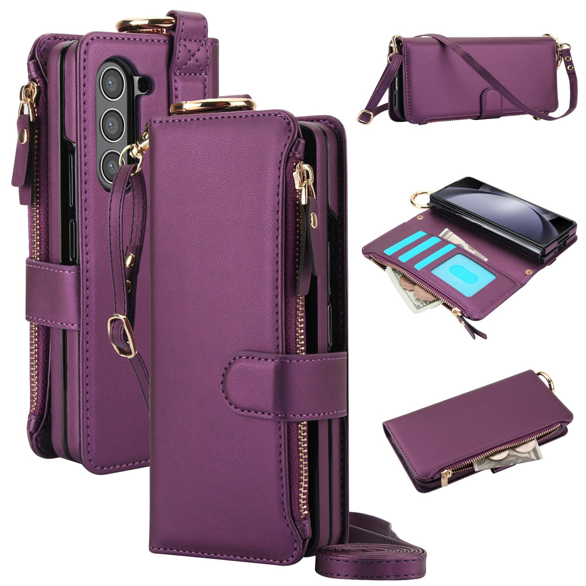 Galaxy Z Fold 5 Zipper Leather Wallet Case with Crossbody Strap & RFID