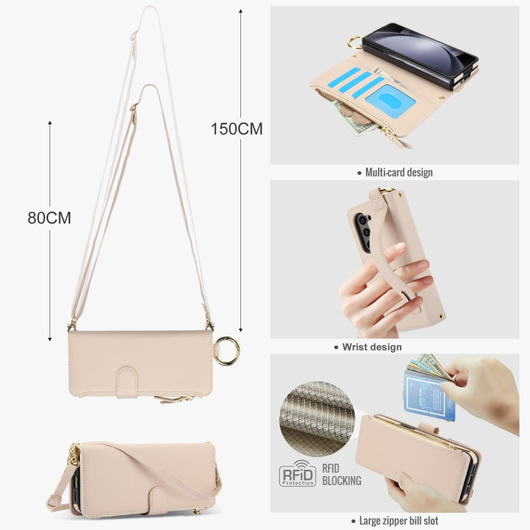 Galaxy Z Fold 5 Zipper Leather Wallet Case with Crossbody Strap & RFID