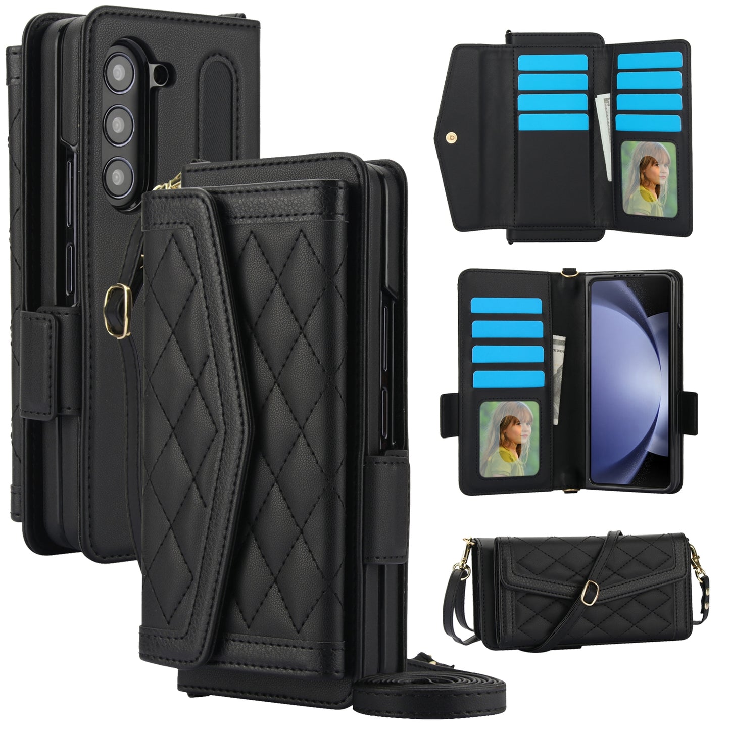 Rhombic Texture Case with Card Holder & Lanyard