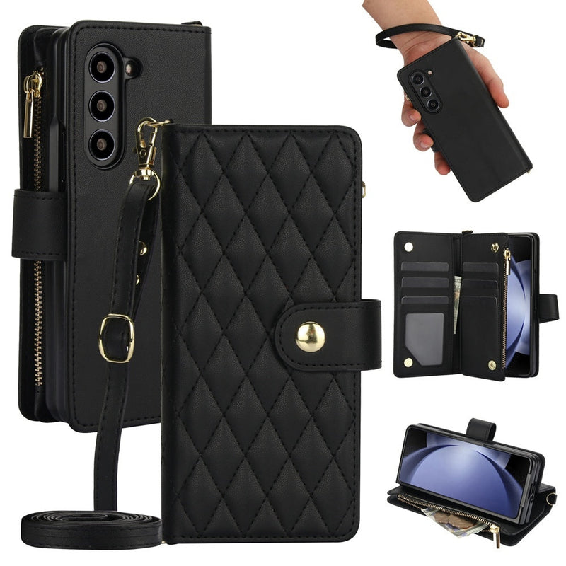Rhombic Zipper Wallet Leather Case