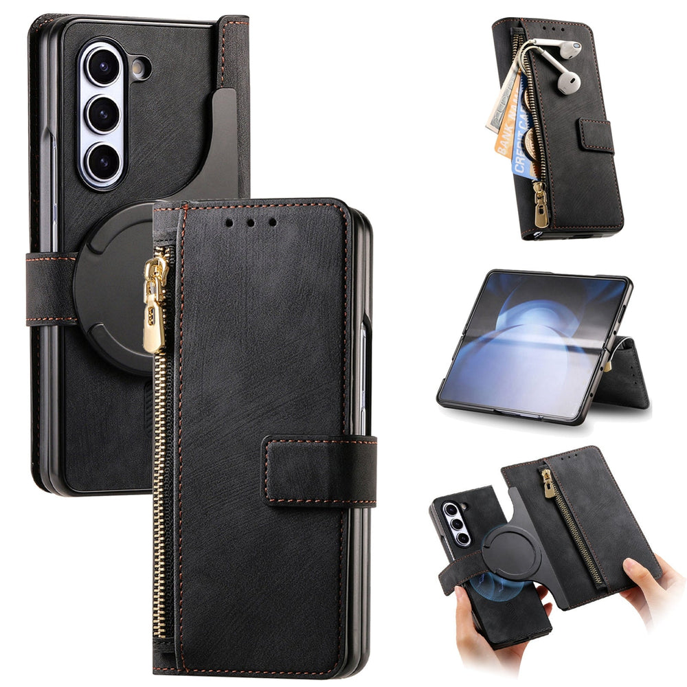 Galaxy Z Fold 7 Detachable Magnetic Leather Zipper Wallet Case